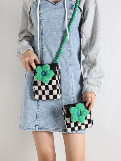 Checkerboard Green Flower Beaded Crossbody Bag