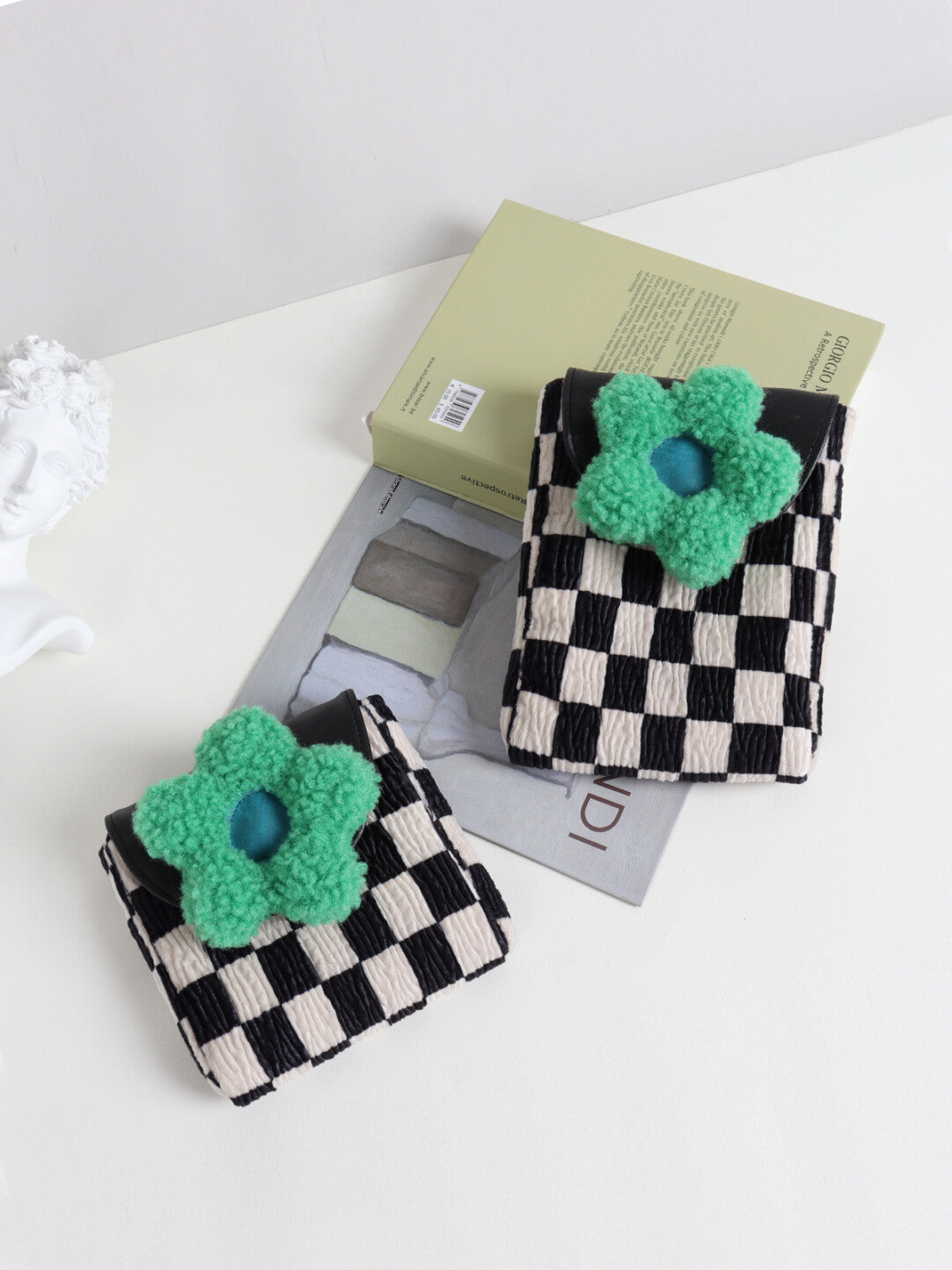 Checkerboard Green Flower Beaded Crossbody Bag