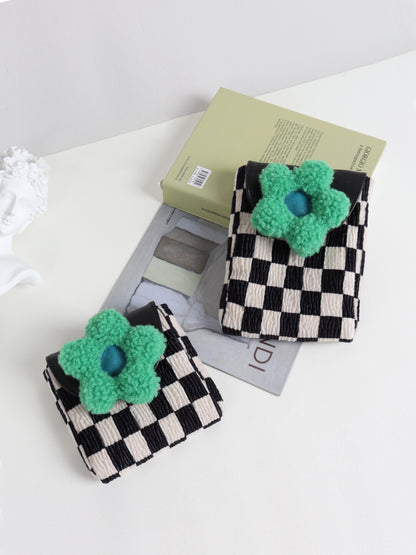 Checkerboard Green Flower Beaded Crossbody Bag