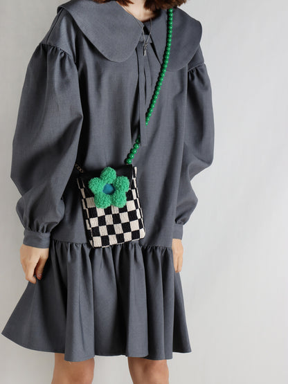 Checkerboard Green Flower Beaded Crossbody Bag