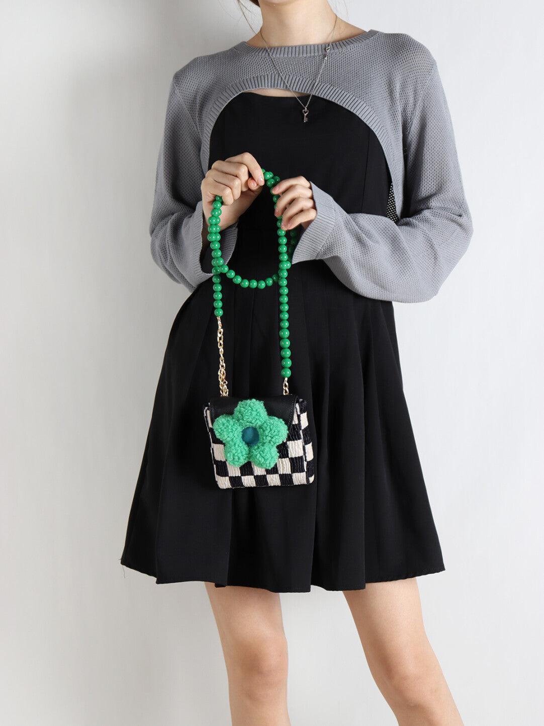 Checkerboard Green Flower Beaded Crossbody Bag