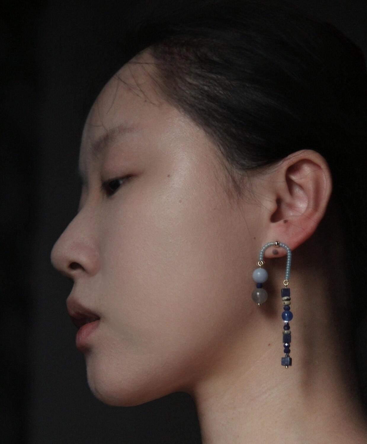 Chinoiserie Asymmetrical Blue Natural Stone Earrings