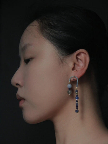 Chinoiserie Asymmetrical Blue Natural Stone Earrings