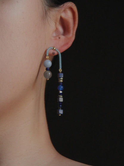 Chinoiserie Asymmetrical Blue Natural Stone Earrings