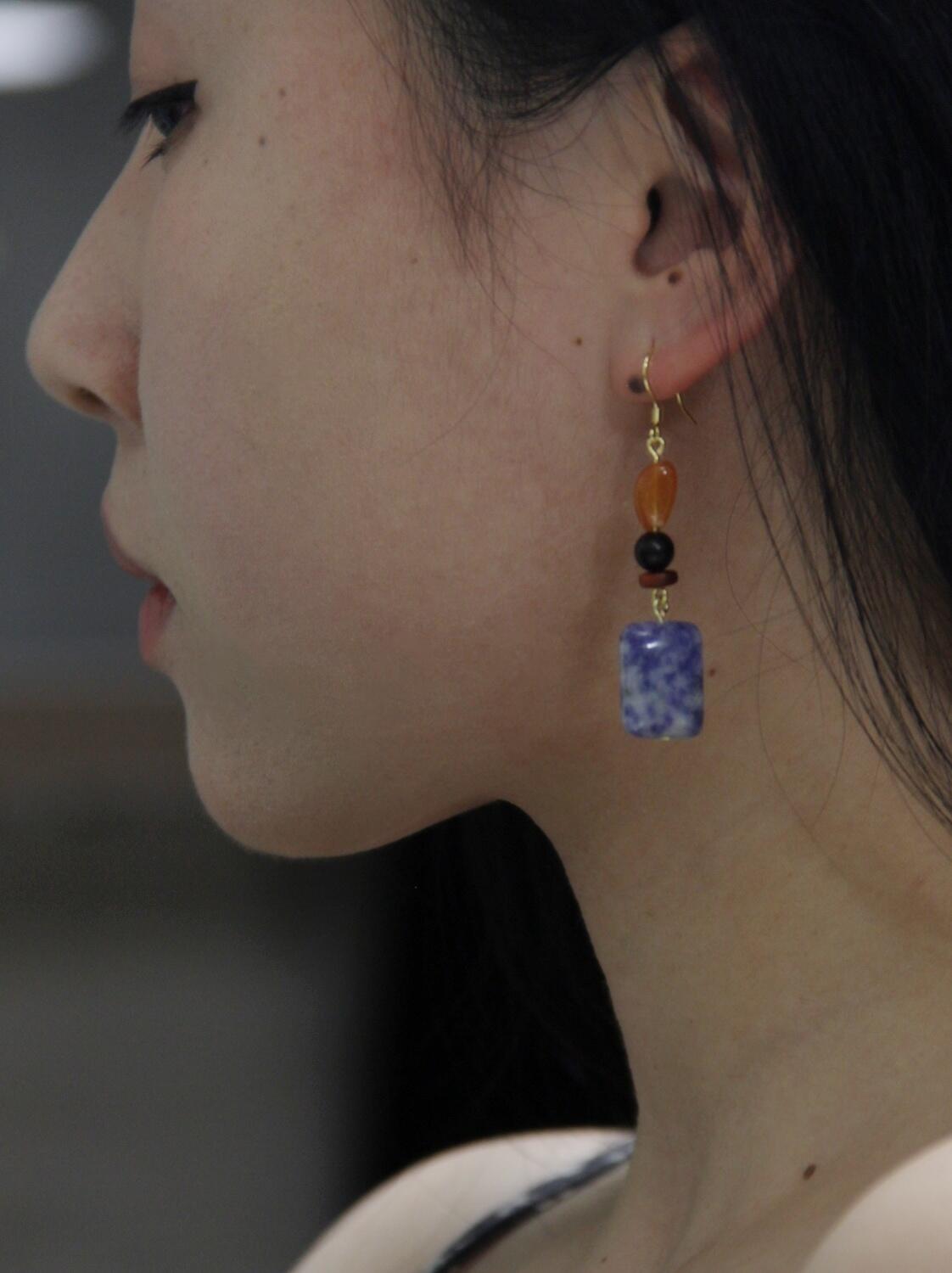 Chinoiserie Blue & White Porcelain Contrast Earrings