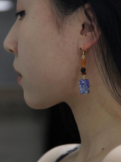 Chinoiserie Blue & White Porcelain Contrast Earrings