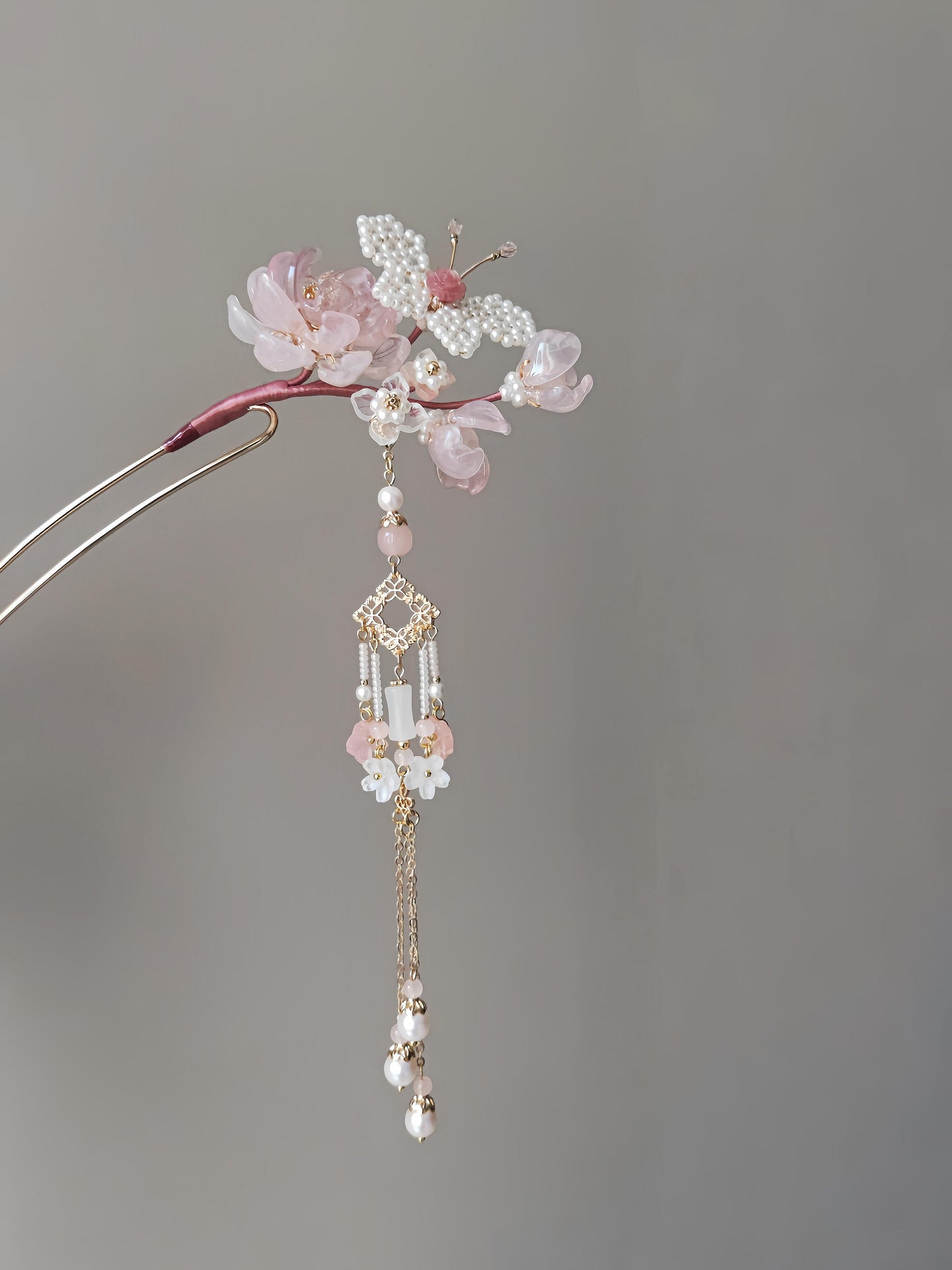 Chinoiserie Butterfly Floral Beaded Tassel Hairpin | Hairpin | Three Fleas