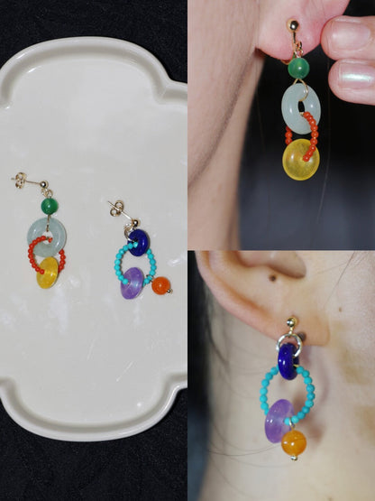 Chinoiserie Colorful Asymmetrical Hoop Earrings