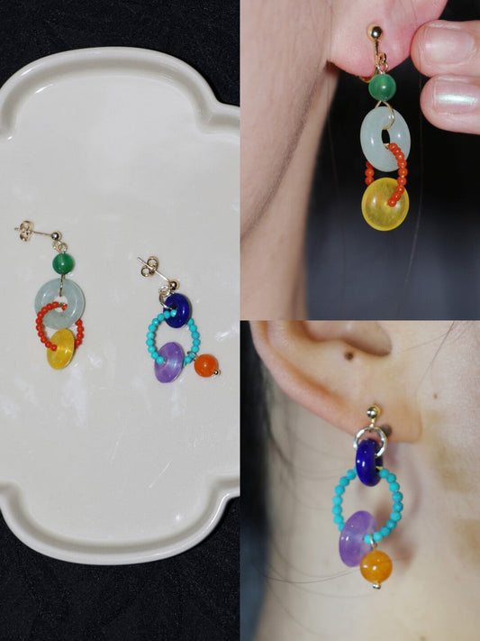 Chinoiserie Colorful Asymmetrical Hoop Earrings