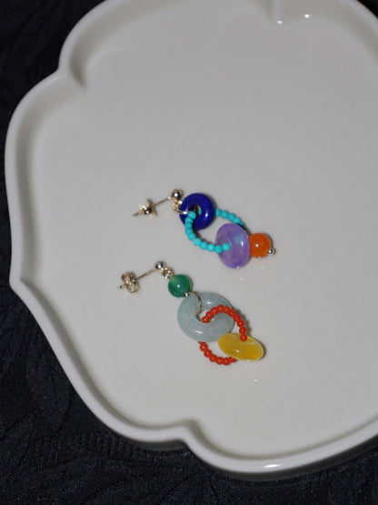 Chinoiserie Colorful Asymmetrical Hoop Earrings