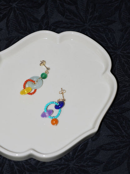 Chinoiserie Colorful Asymmetrical Hoop Earrings