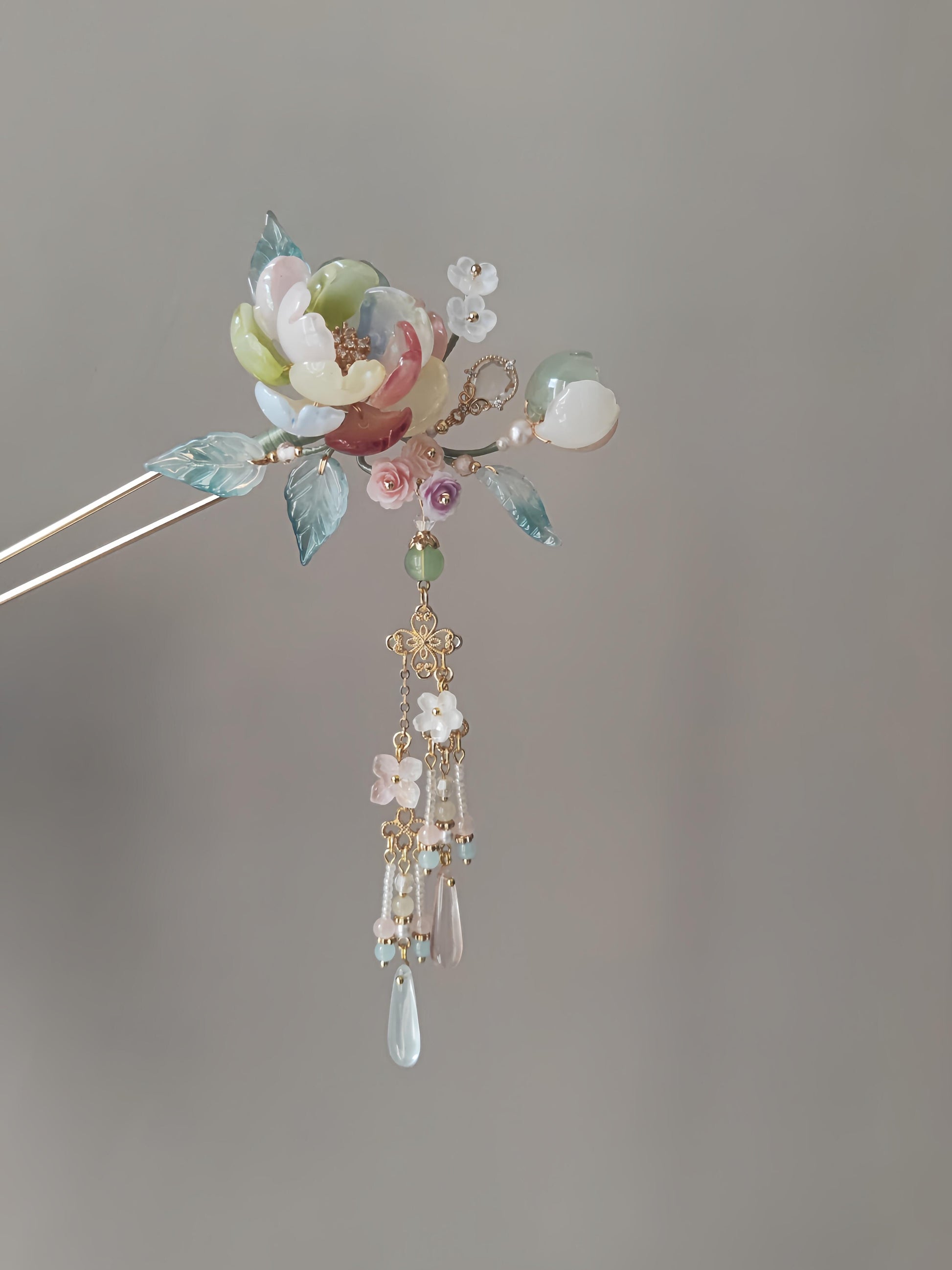 Chinoiserie Colorful Floral Beaded Tassel Hairpin | Hairpin | Three Fleas