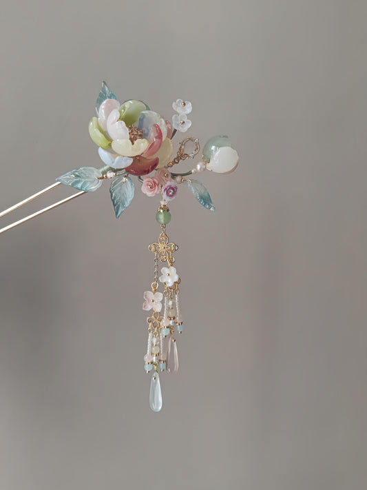 Chinoiserie Colorful Floral Beaded Tassel Hairpin | Hairpin | Three Fleas
