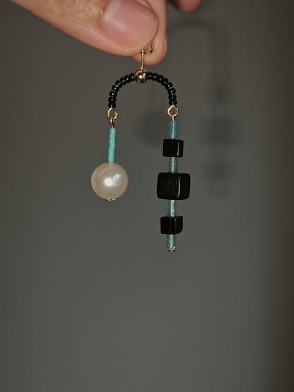 Chinoiserie Ebony Black Onyx Blue Natural Stone Earrings