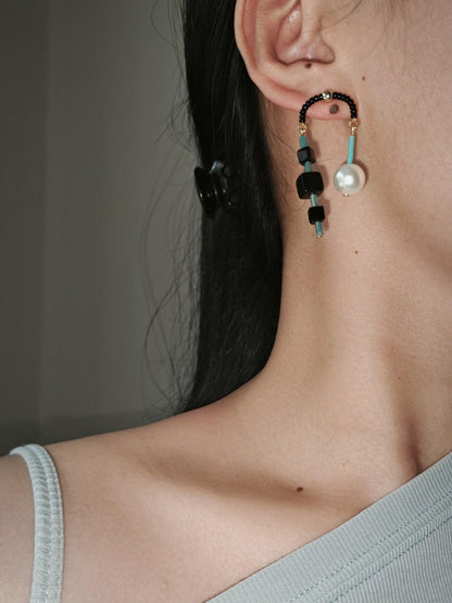 Chinoiserie Ebony Black Onyx Blue Natural Stone Earrings