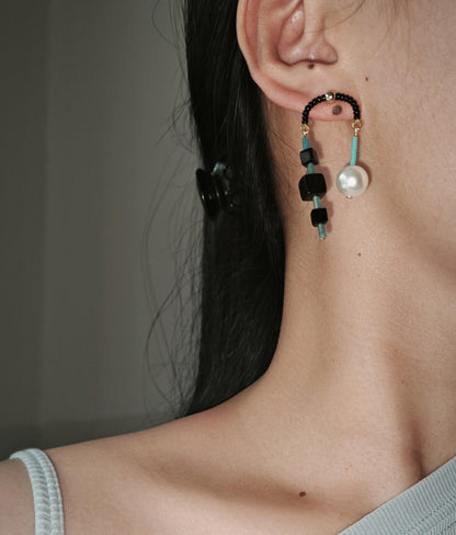 Chinoiserie Ebony Black Onyx Blue Natural Stone Earrings