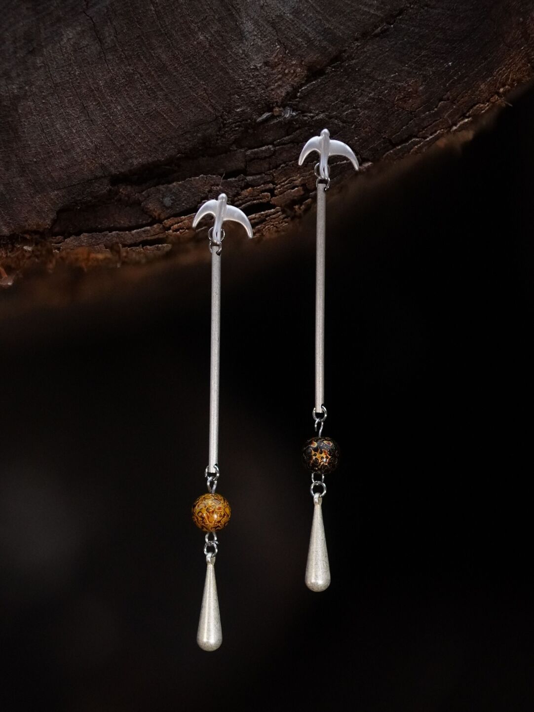 Chinoiserie Swallow Lacquer Bead Long Earrings