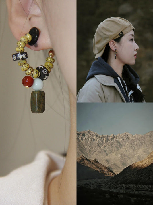 Chinoiserie Mountain Sandalwood Agate Earrings