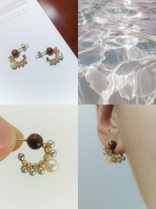 Chinoiserie Pearl Sandalwood Small Earrings