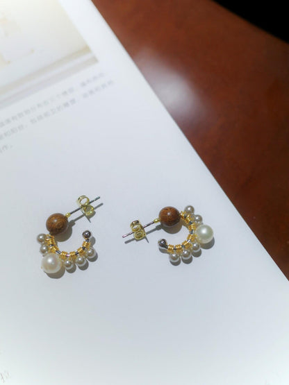 Chinoiserie Pearl Sandalwood Small Earrings