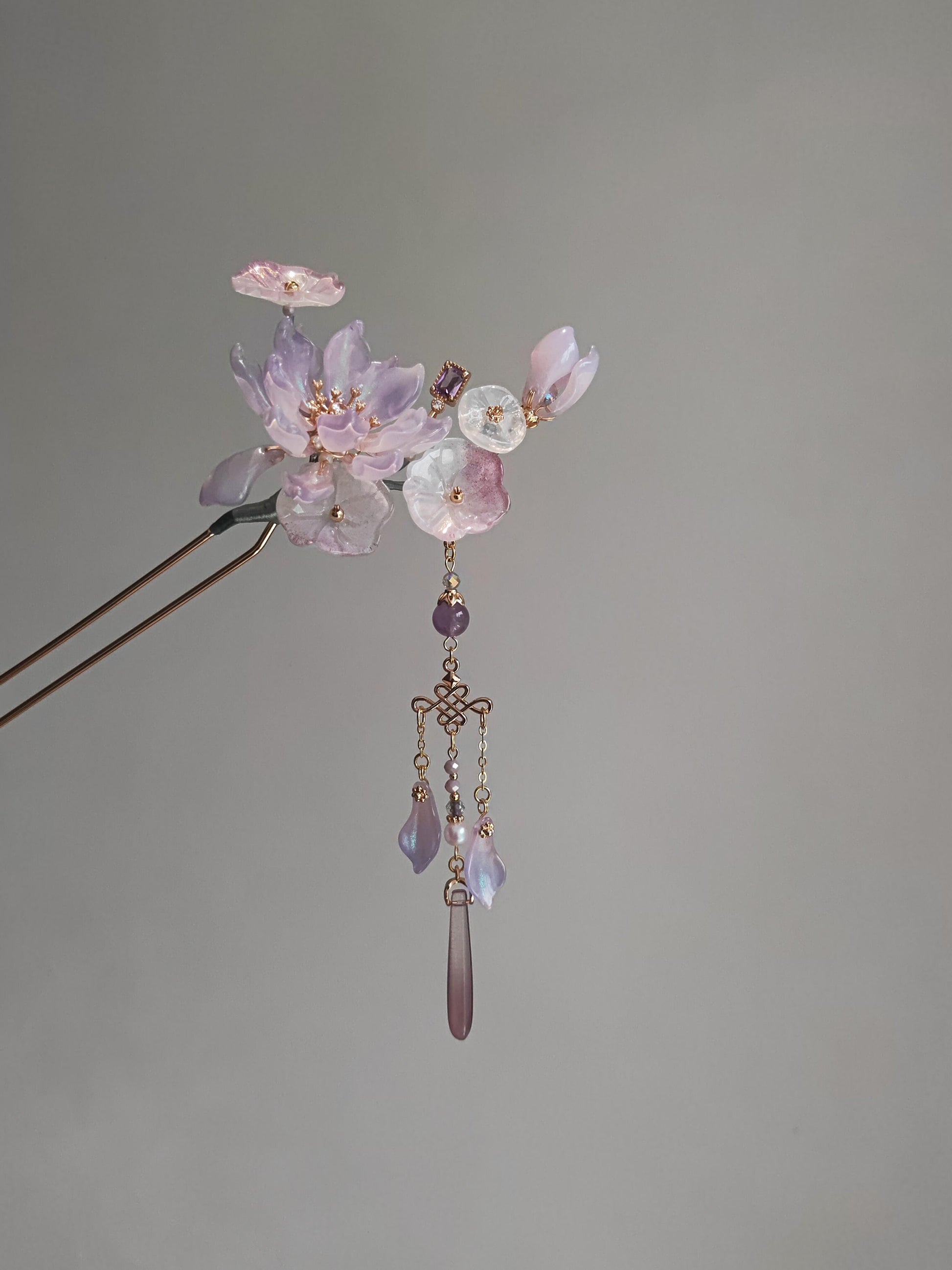 Chinoiserie Purple Floral Beaded Tassel Hairpin | Hairpin | Three Fleas