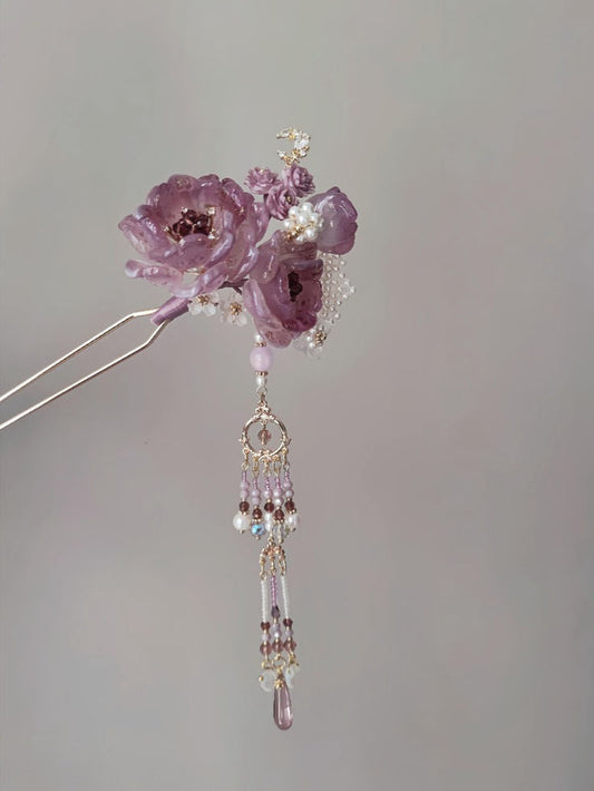 Chinoiserie Purple Floral Beaded Tassel Hairpin