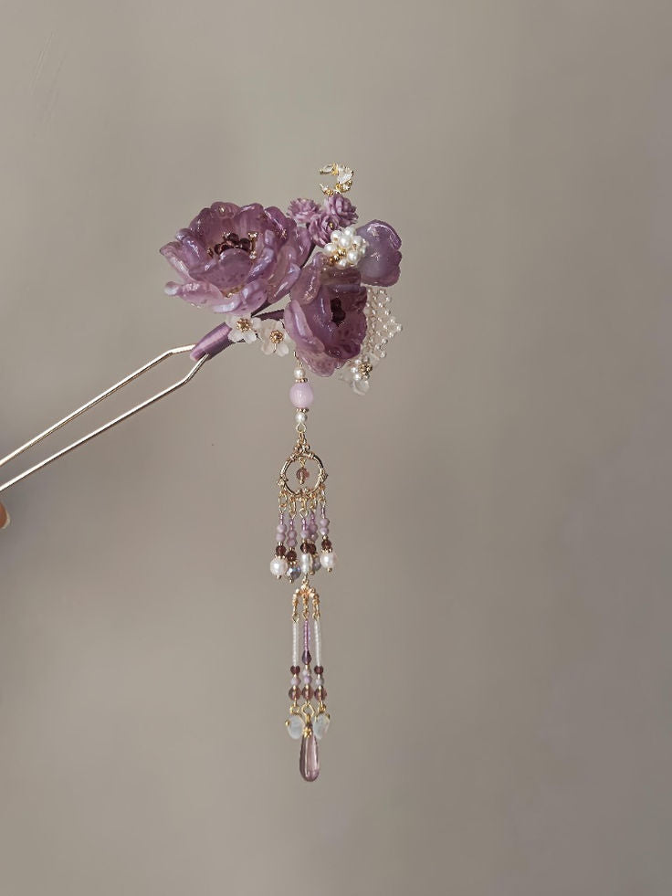 Chinoiserie Purple Floral Beaded Tassel Hairpin | Hairpin | Three Fleas