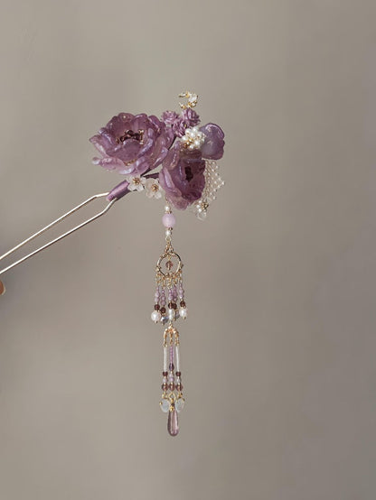Chinoiserie Purple Floral Beaded Tassel Hairpin | Hairpin | Three Fleas