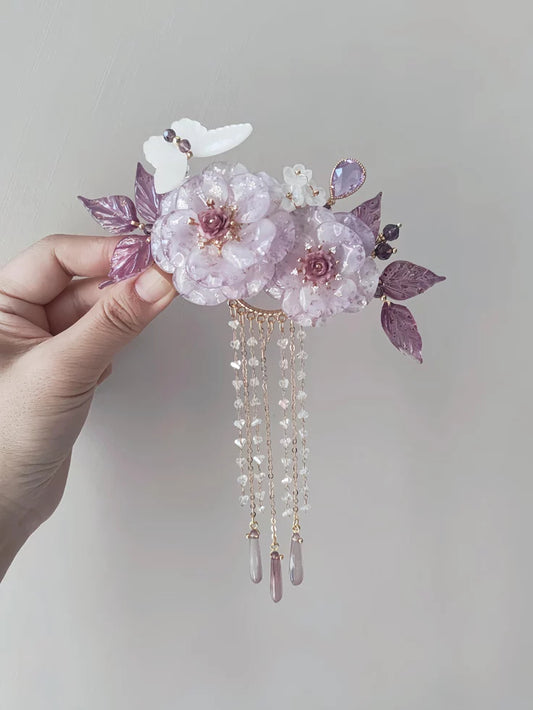 Chinoiserie Purple Floral Butterfly Beaded Tassel Hair Clip | Hairpin | Three Fleas