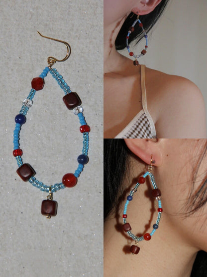 Chinoiserie Red & Blue Teardrop Shaped Earrings