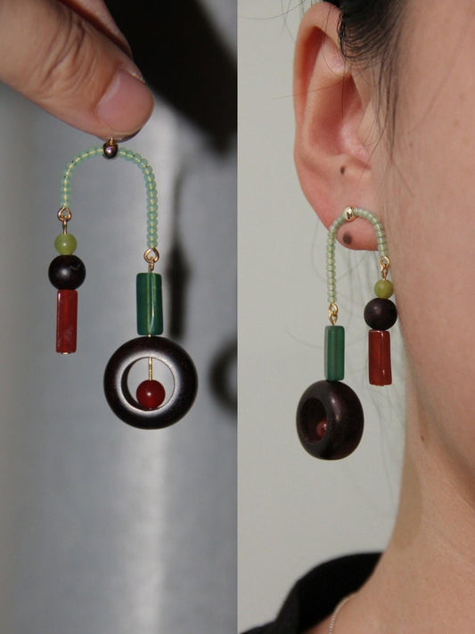 Chinoiserie Red & Green Asymmetrical Earrings