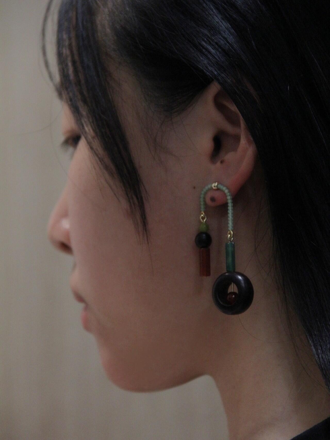 Chinoiserie Red & Green Asymmetrical Earrings