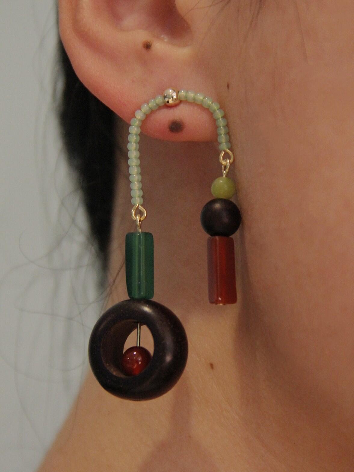 Chinoiserie Red & Green Asymmetrical Earrings