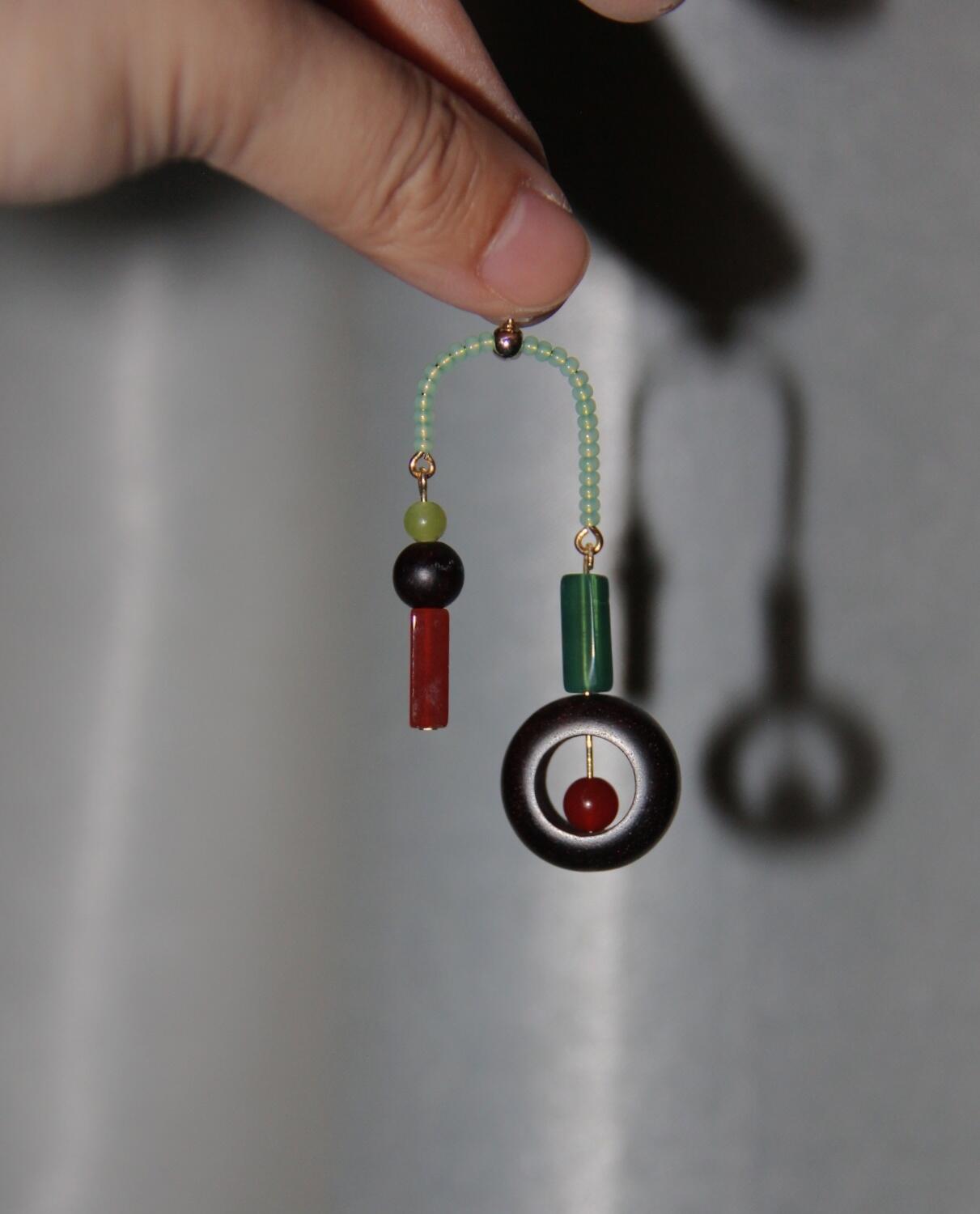 Chinoiserie Red & Green Asymmetrical Earrings