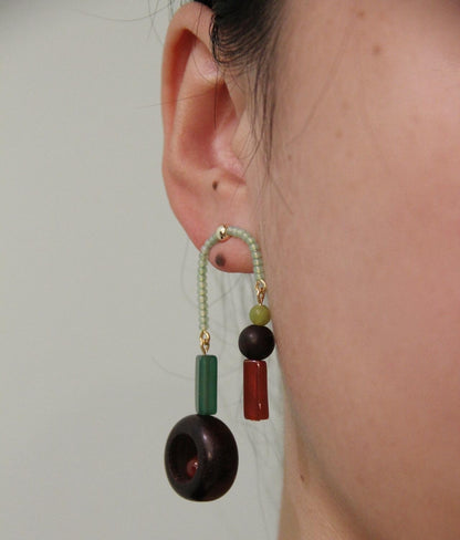 Chinoiserie Red & Green Asymmetrical Earrings