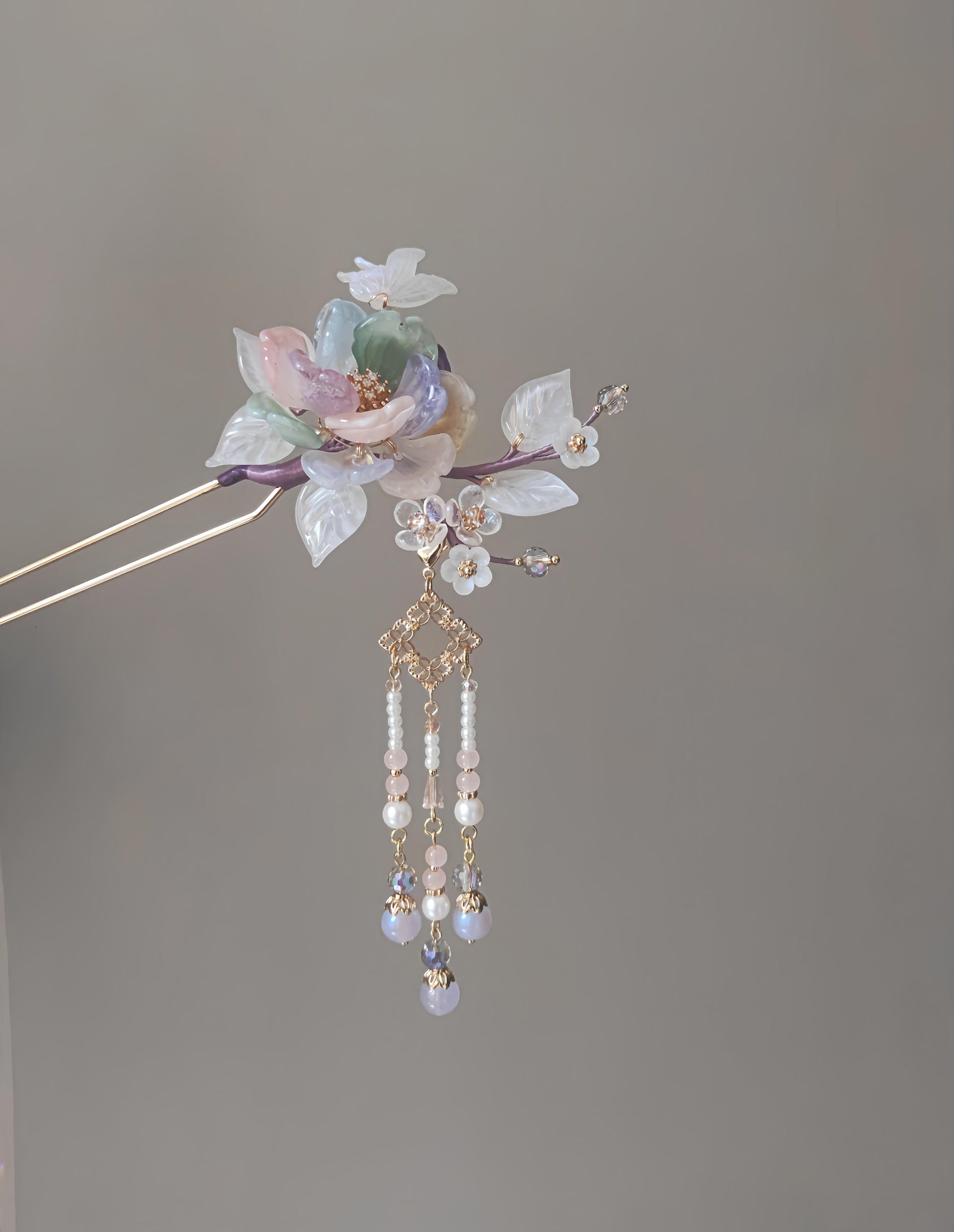 Chinoiserie Spring Floral Beaded Tassel Hairpin | Hairpin | Three Fleas