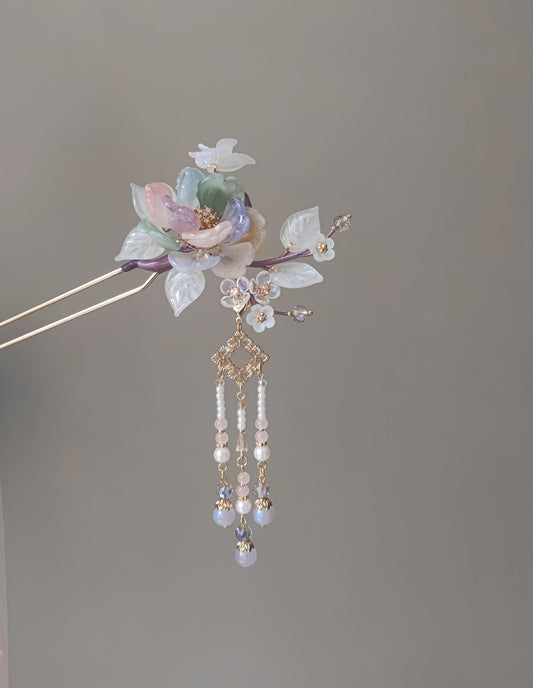 Chinoiserie Spring Floral Beaded Tassel Hairpin | Hairpin | Three Fleas