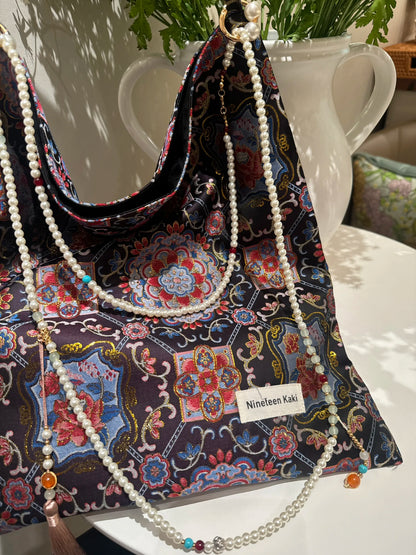 [Chinoiserie] Auspicious Lotus Beaded Tassel Silk Bag | Bag | Three Fleas