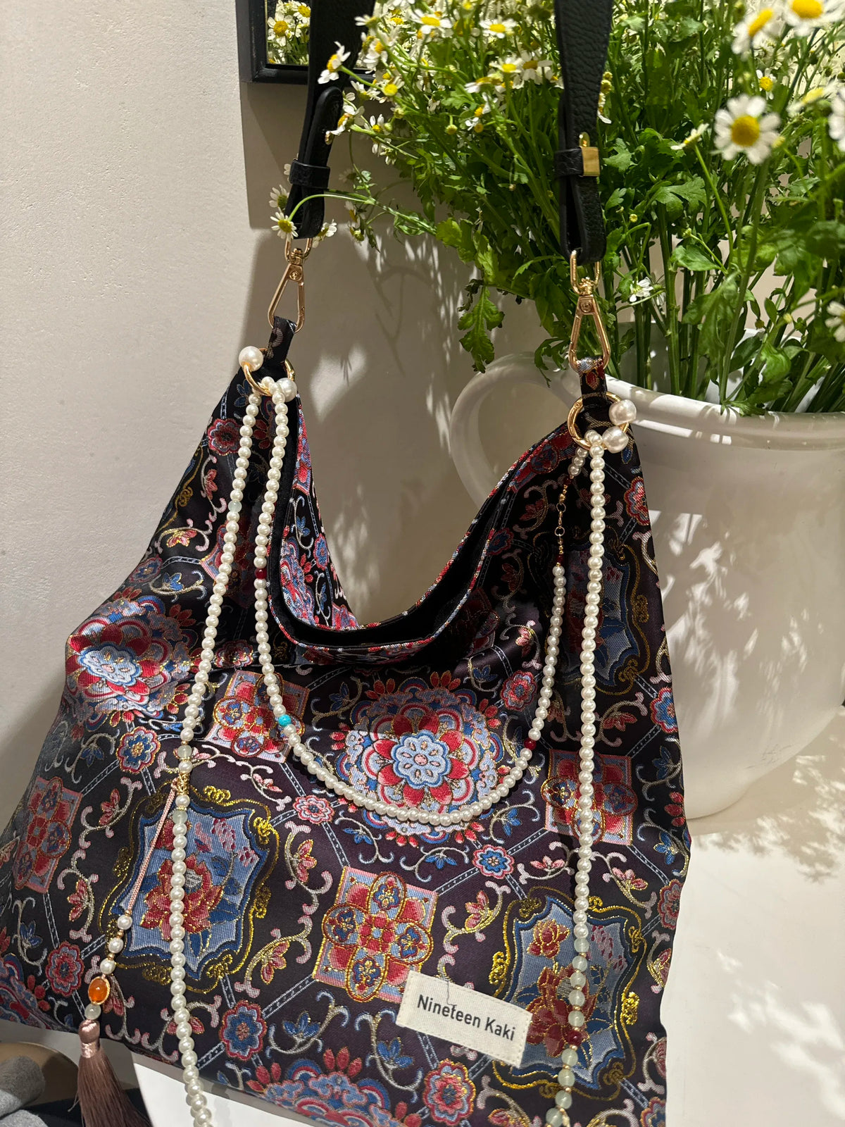 [Chinoiserie] Auspicious Lotus Beaded Tassel Silk Bag | Bag | Three Fleas
