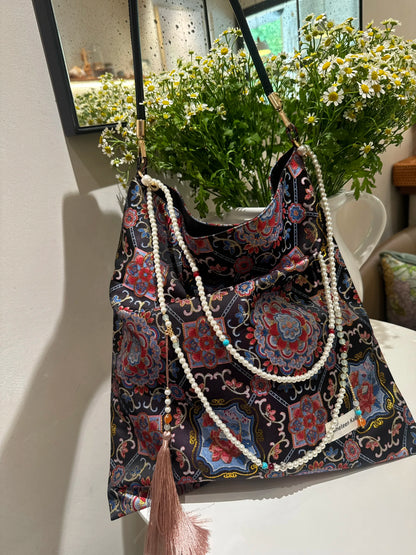 [Chinoiserie] Auspicious Lotus Beaded Tassel Silk Bag | Bag | Three Fleas