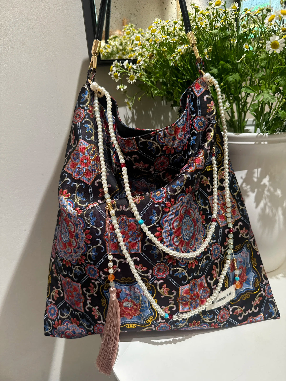 [Chinoiserie] Auspicious Lotus Beaded Tassel Silk Bag | Bag | Three Fleas