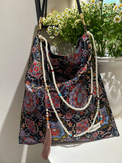 [Chinoiserie] Auspicious Lotus Beaded Tassel Silk Bag | Bag | Three Fleas