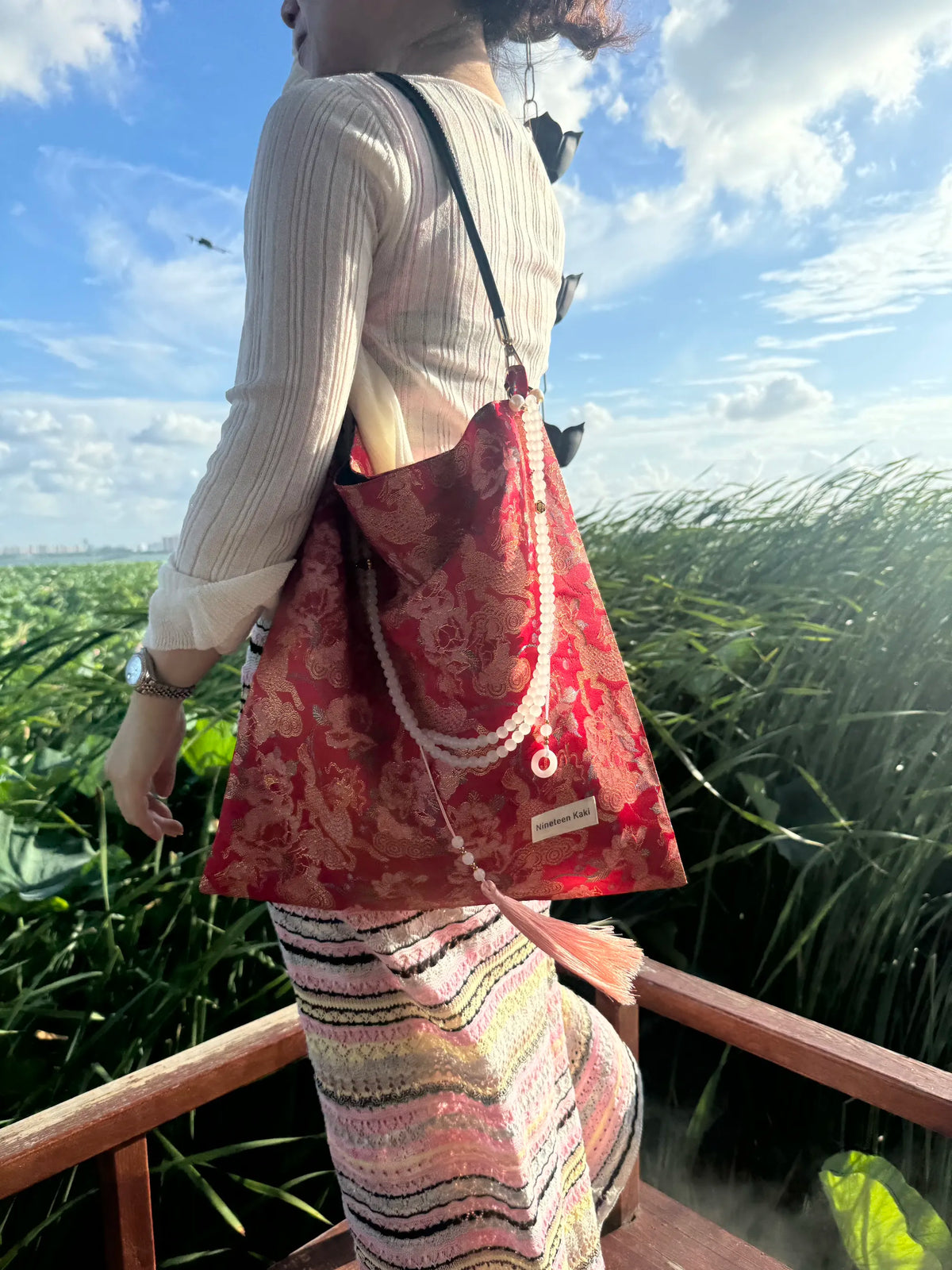[Chinoiserie] Auspicious Peony Qilin Beaded Tassel Silk Bag | Bag | Three Fleas