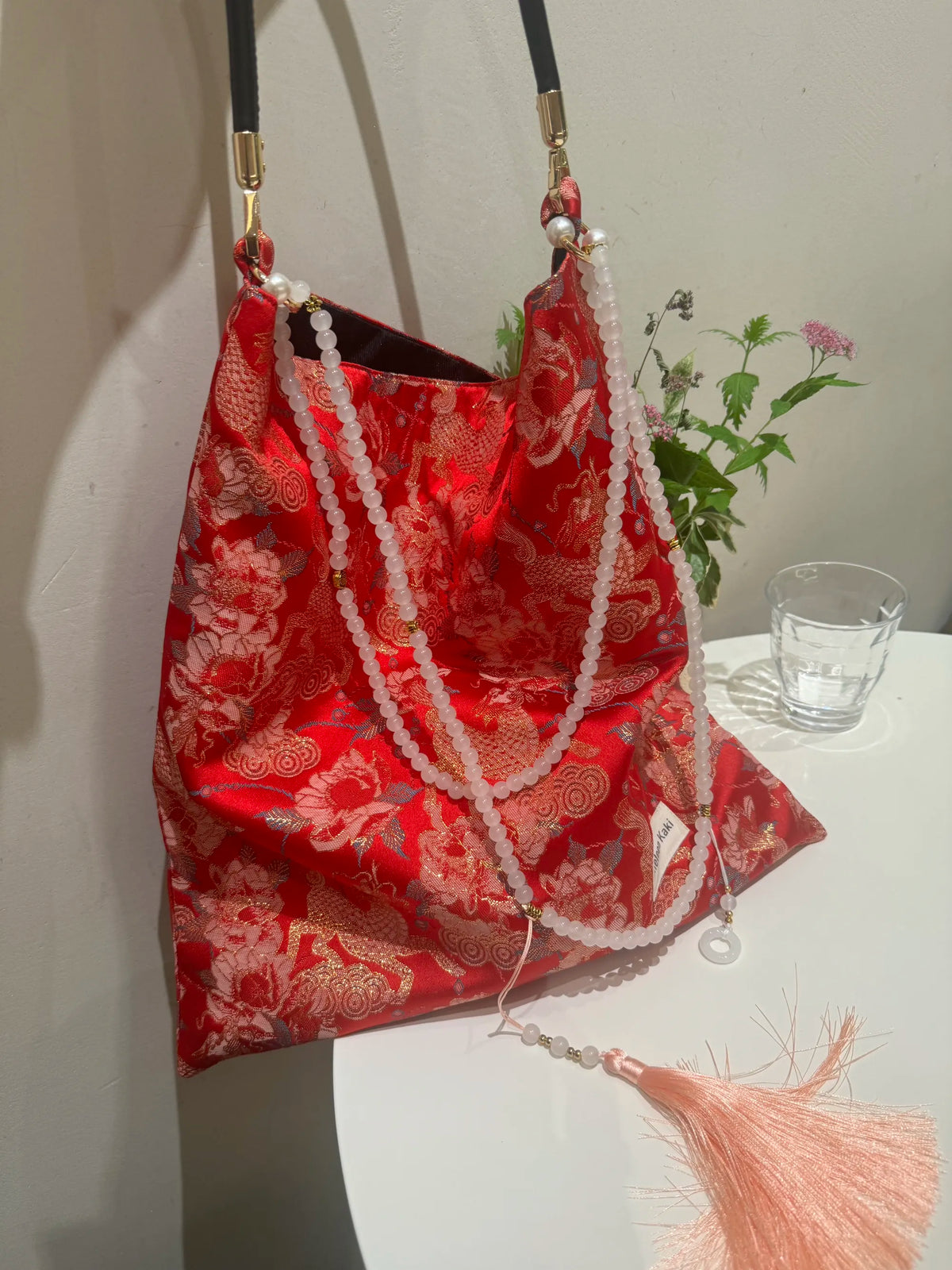 [Chinoiserie] Auspicious Peony Qilin Beaded Tassel Silk Bag | Bag | Three Fleas