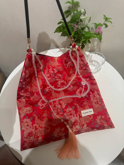 [Chinoiserie] Auspicious Peony Qilin Beaded Tassel Silk Bag | Bag | Three Fleas