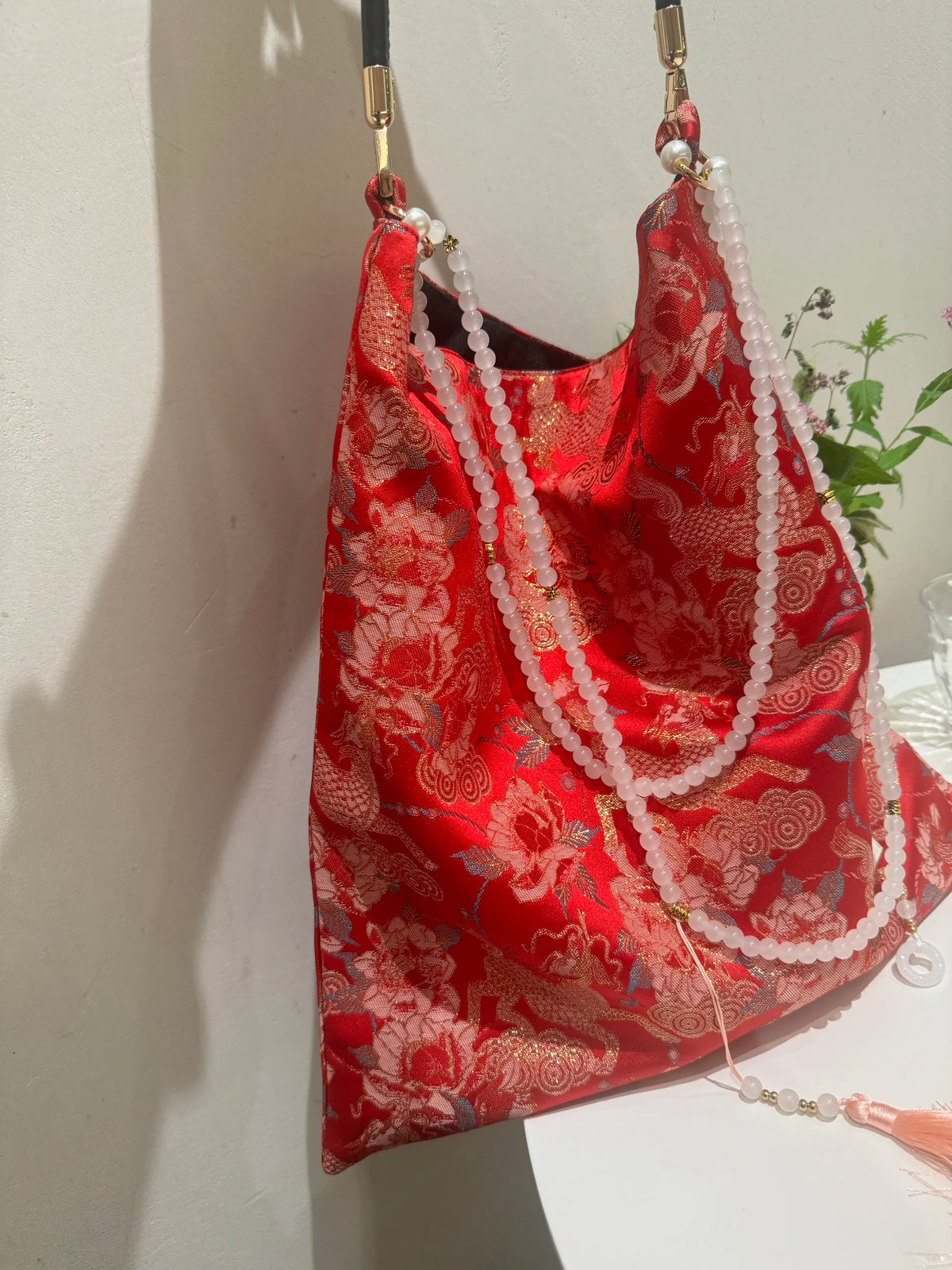 [Chinoiserie] Auspicious Peony Qilin Beaded Tassel Silk Bag | Bag | Three Fleas