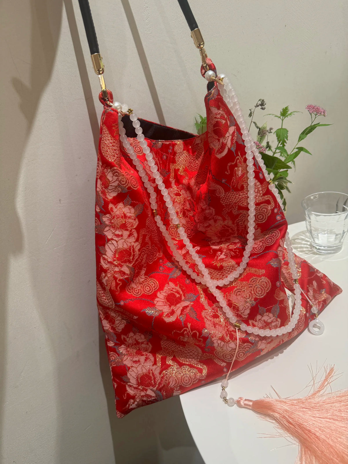 [Chinoiserie] Auspicious Peony Qilin Beaded Tassel Silk Bag | Bag | Three Fleas