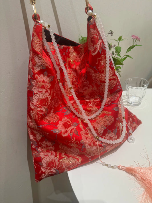 [Chinoiserie] Auspicious Peony Qilin Beaded Tassel Silk Bag | Bag | Three Fleas