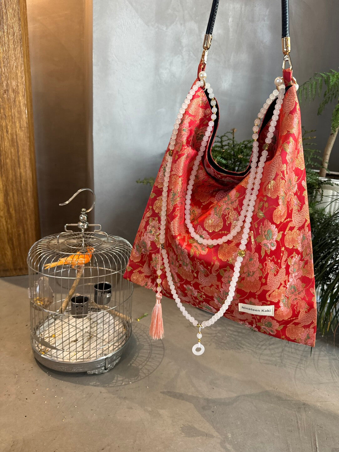 [Chinoiserie] Auspicious Peony Qilin Pattern Beaded Tassel Silk Bag | Bag | Three Fleas
