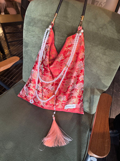 [Chinoiserie] Auspicious Peony Qilin Pattern Beaded Tassel Silk Bag | Bag | Three Fleas